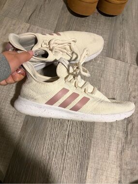 adidas Cream Knit Sneakers with Pink Three-Stripes
